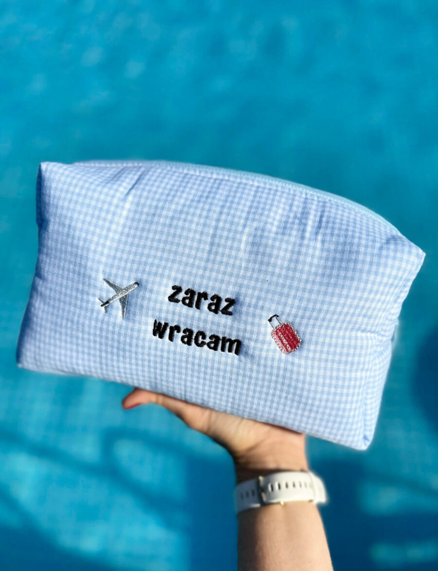 Bawełniana kosmetyczka z haftem "Zaraz wracam"